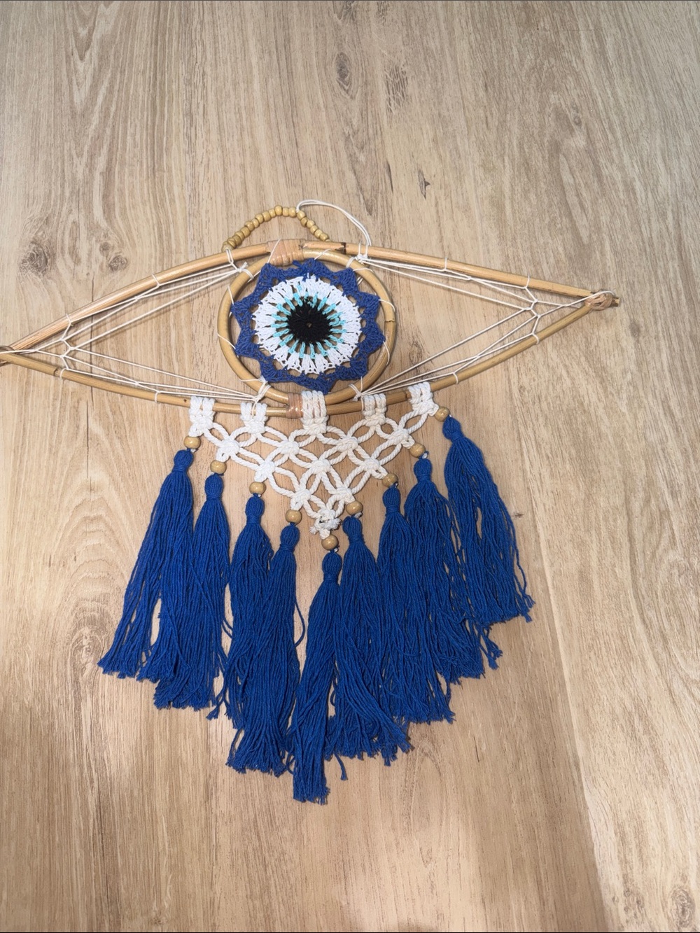 Handmade Evil Eye-Shaped Macramé Wall Hanging with Blue Tassels NWOT